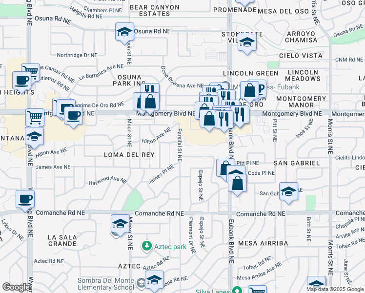 map of restaurants, bars, coffee shops, grocery stores, and more near 4108 Parsifal Street Northeast in Albuquerque