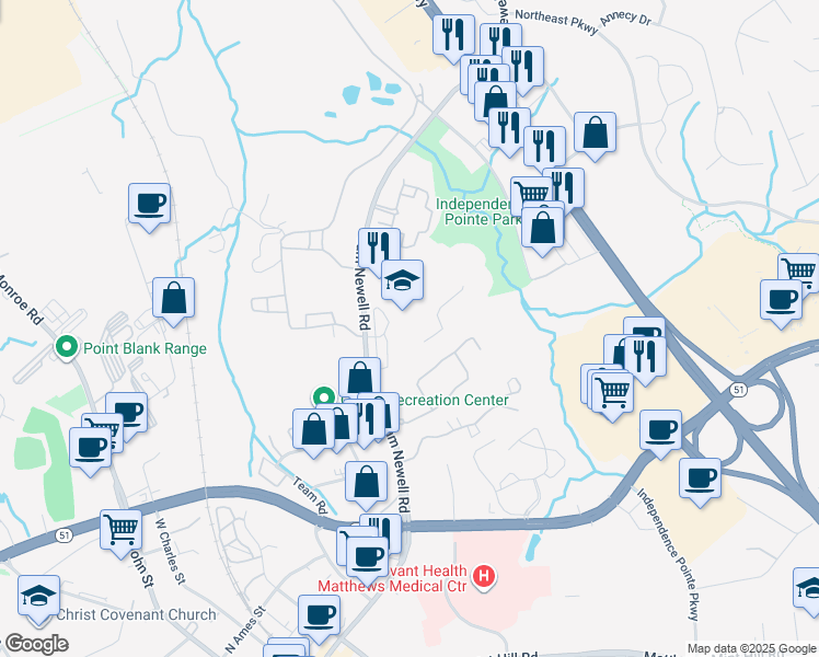 map of restaurants, bars, coffee shops, grocery stores, and more near 940 Sam Newell Road in Matthews