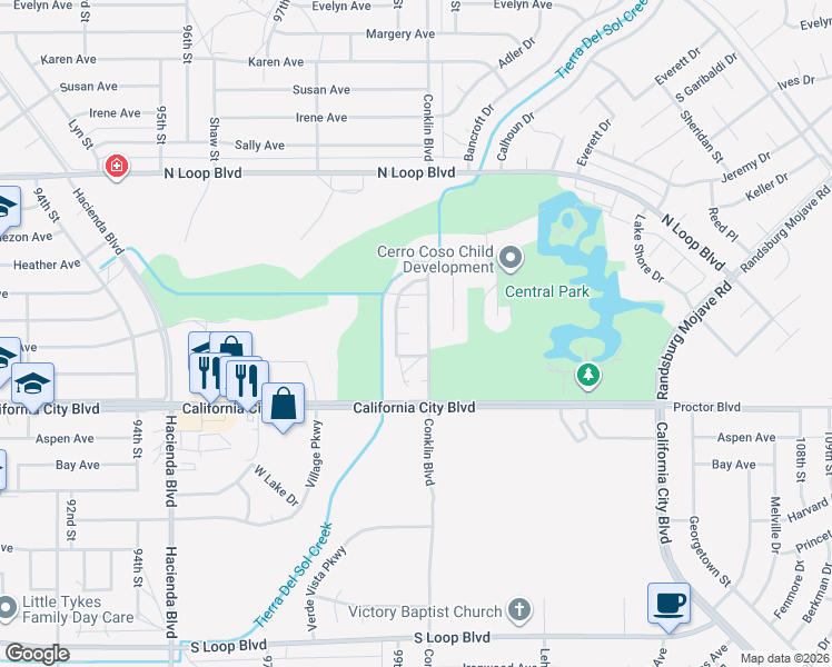 map of restaurants, bars, coffee shops, grocery stores, and more near 9937 Putter Court in California City