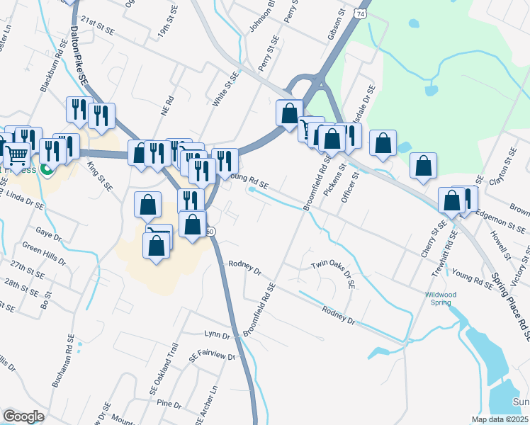 map of restaurants, bars, coffee shops, grocery stores, and more near 1808 Young Road Southeast in Cleveland