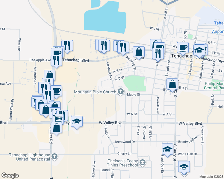 map of restaurants, bars, coffee shops, grocery stores, and more near 700 Silver Oak Drive in Tehachapi