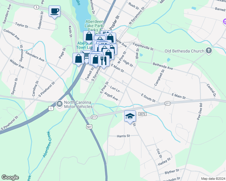 map of restaurants, bars, coffee shops, grocery stores, and more near 155 Lori Lane in Aberdeen