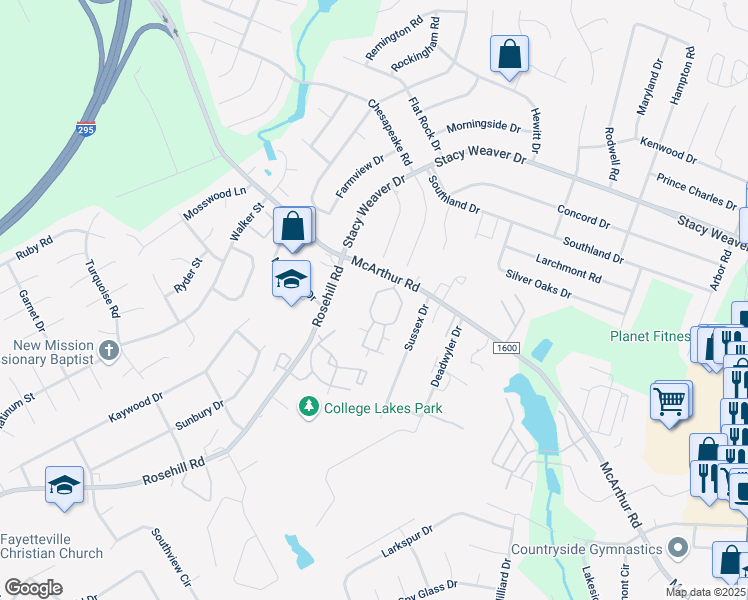 map of restaurants, bars, coffee shops, grocery stores, and more near McArthur Landing Circle in Fayetteville
