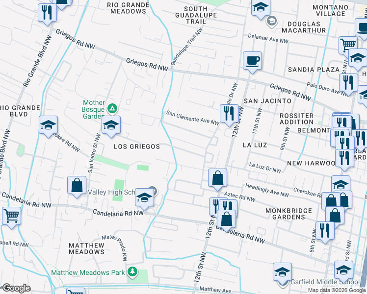 map of restaurants, bars, coffee shops, grocery stores, and more near 1337 Van Cleave Road Northwest in Albuquerque