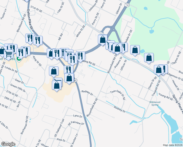 map of restaurants, bars, coffee shops, grocery stores, and more near 1808 Young Road Southeast in Cleveland
