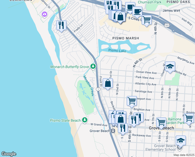 map of restaurants, bars, coffee shops, grocery stores, and more near 4737 Cabrillo Highway in Grover Beach