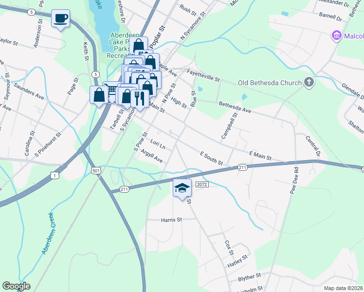 map of restaurants, bars, coffee shops, grocery stores, and more near 520 East South Street in Aberdeen