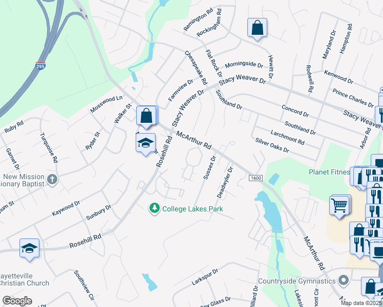 map of restaurants, bars, coffee shops, grocery stores, and more near 2525 McArthur Landing Circle in Fayetteville