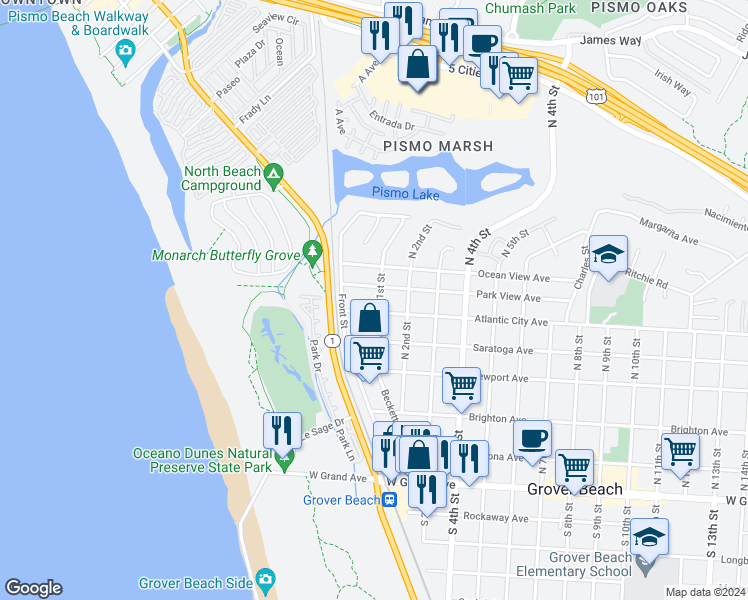 map of restaurants, bars, coffee shops, grocery stores, and more near 655 North 1st Street in Grover Beach