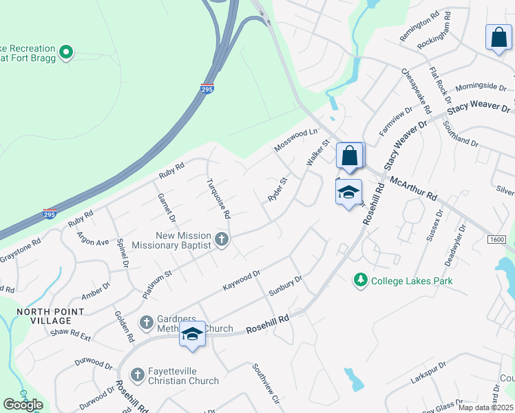 map of restaurants, bars, coffee shops, grocery stores, and more near 615 Ryder Street in Fayetteville