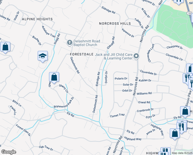 map of restaurants, bars, coffee shops, grocery stores, and more near 4607 Eldridge Road in Chattanooga