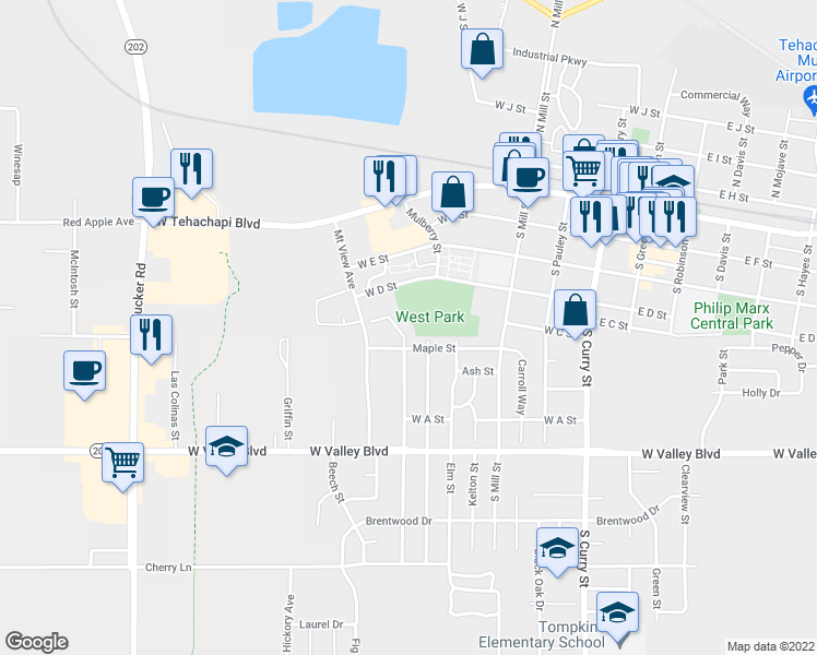 map of restaurants, bars, coffee shops, grocery stores, and more near 418 Oakwood Street in Tehachapi