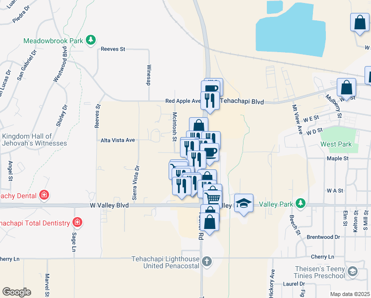 map of restaurants, bars, coffee shops, grocery stores, and more near 19057 Conway Ave in Tehachapi