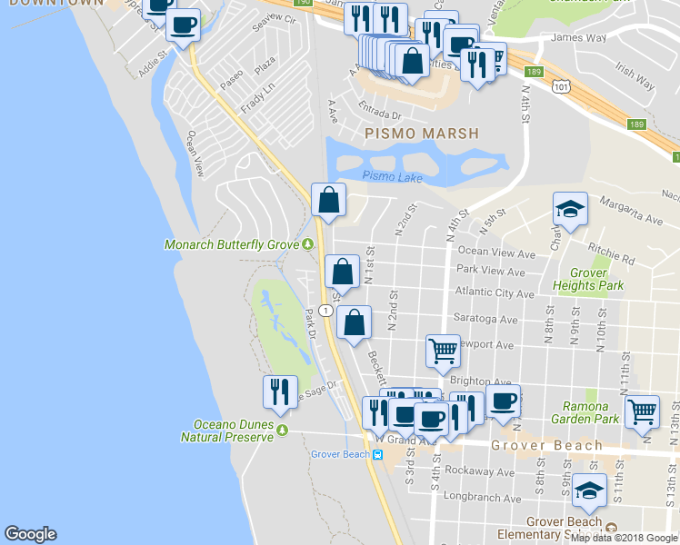 map of restaurants, bars, coffee shops, grocery stores, and more near 15 Atlantic City Avenue in Grover Beach