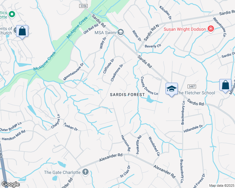 map of restaurants, bars, coffee shops, grocery stores, and more near 8430 Knollbrook Drive in Charlotte