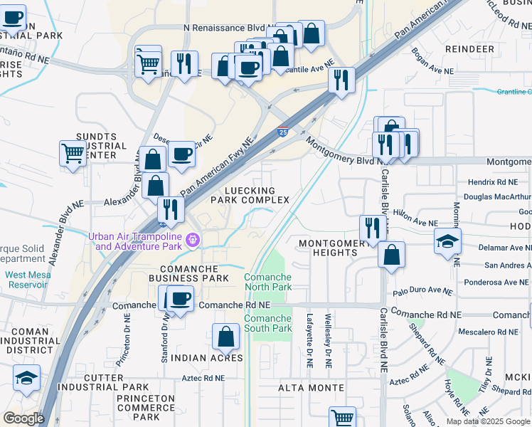 map of restaurants, bars, coffee shops, grocery stores, and more near 4201 Bryn Mawr Drive Northeast in Albuquerque