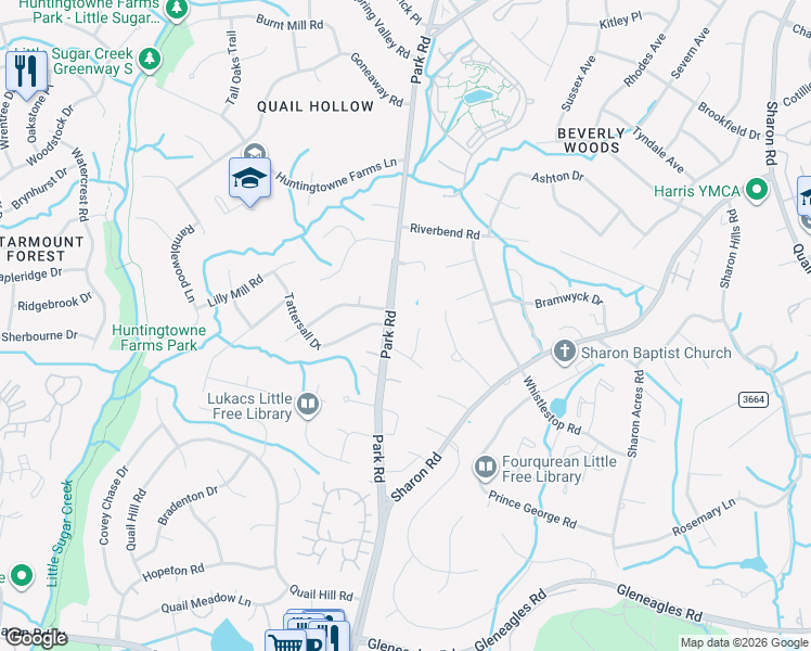 map of restaurants, bars, coffee shops, grocery stores, and more near 7701 Walthall Court in Charlotte