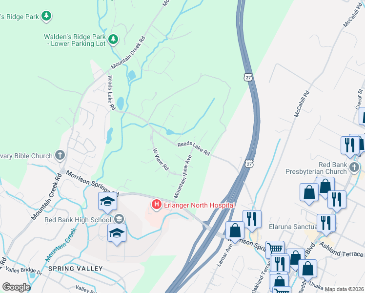 map of restaurants, bars, coffee shops, grocery stores, and more near 4141 Mountain View Avenue in Chattanooga