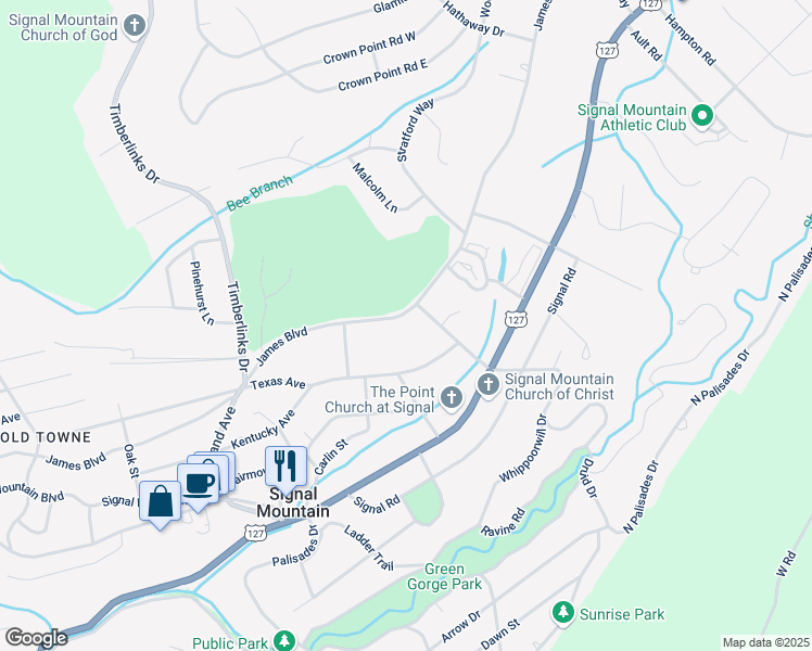 map of restaurants, bars, coffee shops, grocery stores, and more near 922 James Boulevard in Signal Mountain