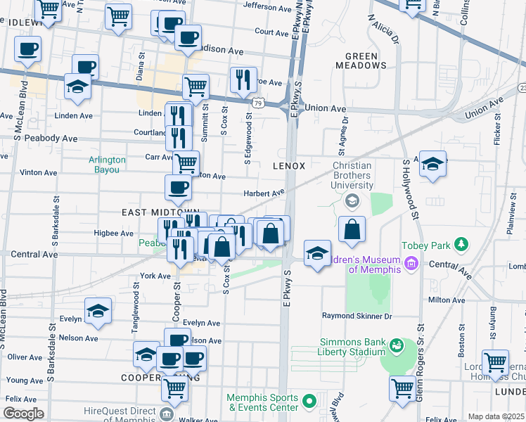 map of restaurants, bars, coffee shops, grocery stores, and more near 637 Landis Street in Memphis