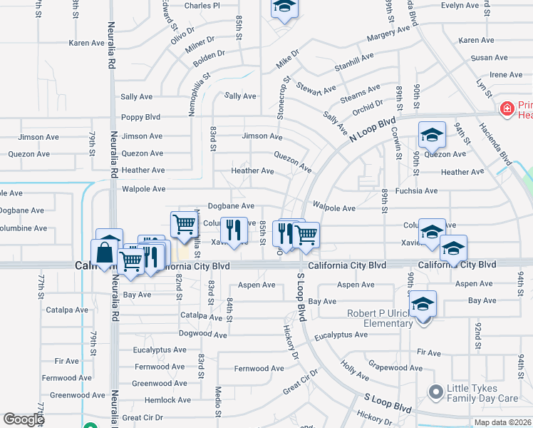 map of restaurants, bars, coffee shops, grocery stores, and more near 21126 85th Street in California City