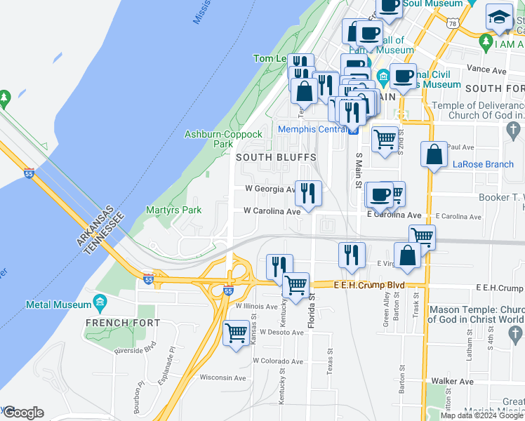 map of restaurants, bars, coffee shops, grocery stores, and more near West Carolina Avenue in Memphis