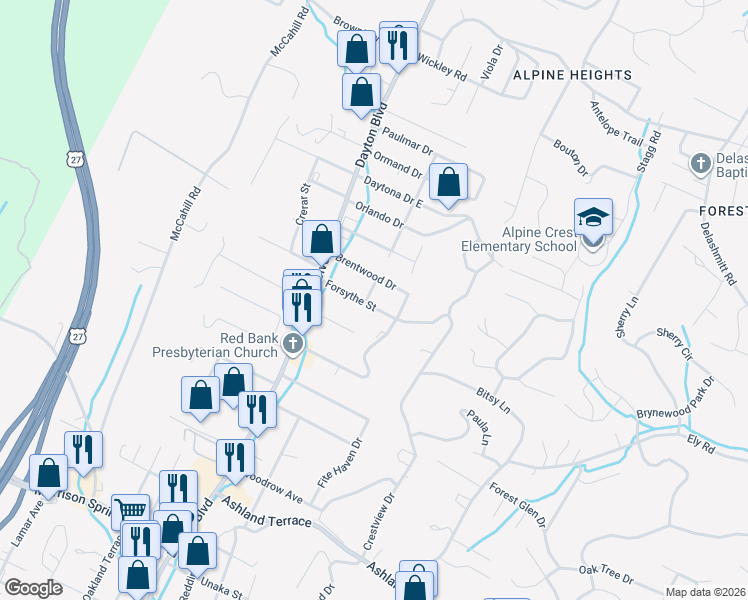 map of restaurants, bars, coffee shops, grocery stores, and more near 201 Forsythe Street in Chattanooga