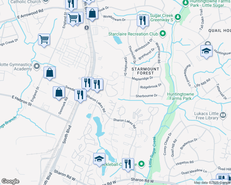 map of restaurants, bars, coffee shops, grocery stores, and more near 7901 Antlers Lane in Charlotte
