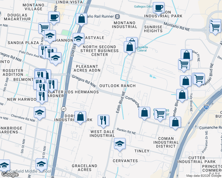 map of restaurants, bars, coffee shops, grocery stores, and more near 207 Griegos Road Northwest in Albuquerque