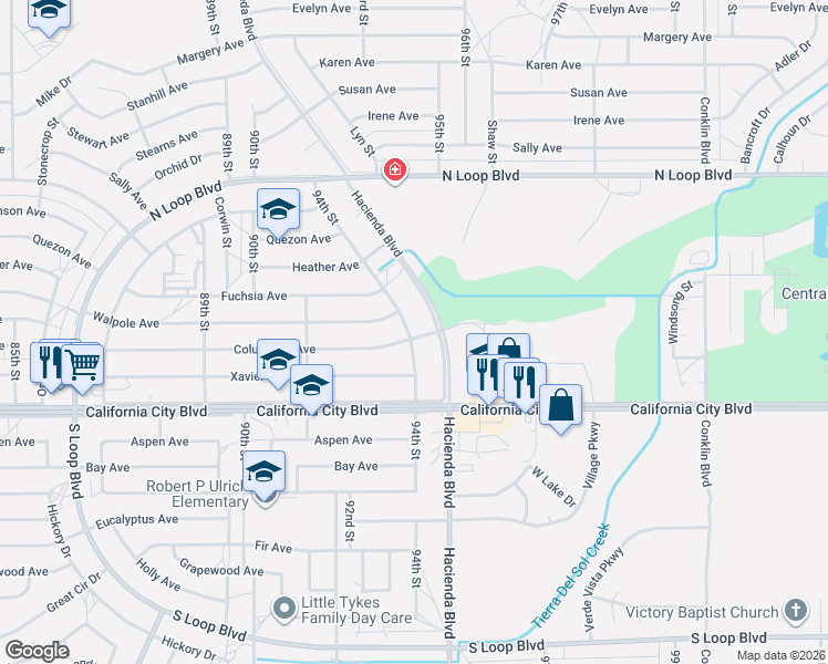 map of restaurants, bars, coffee shops, grocery stores, and more near 21200 94th Street in California City