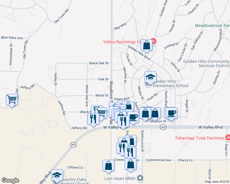 map of restaurants, bars, coffee shops, grocery stores, and more near 20421 Steeple Court in Tehachapi