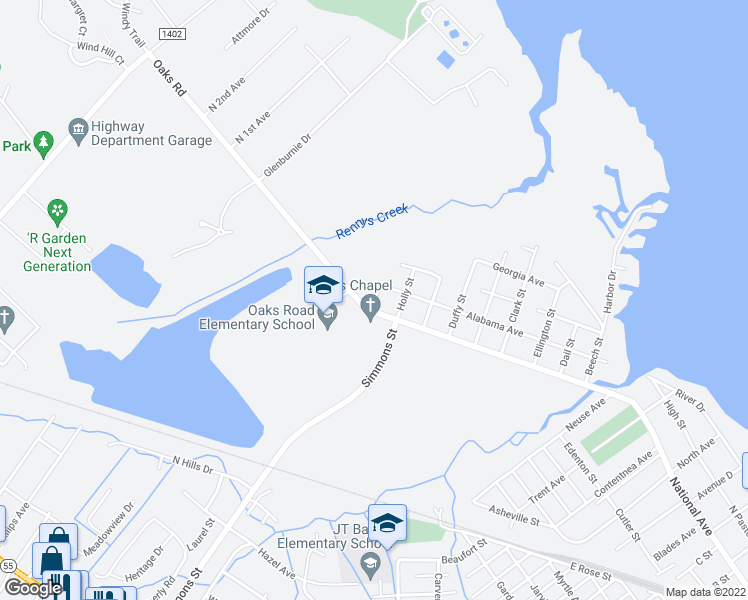 map of restaurants, bars, coffee shops, grocery stores, and more near 102 Laurel Street in New Bern