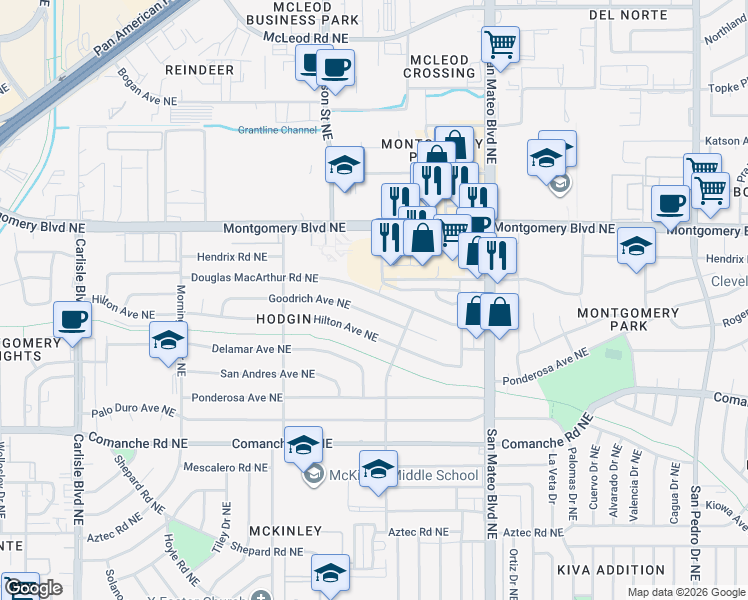 map of restaurants, bars, coffee shops, grocery stores, and more near 4620 Douglas Macarthur Road Northeast in Albuquerque