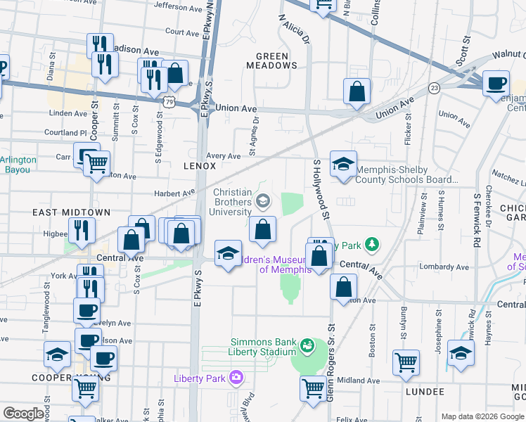 map of restaurants, bars, coffee shops, grocery stores, and more near 650 East Parkway South in Memphis