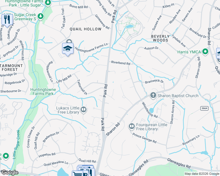 map of restaurants, bars, coffee shops, grocery stores, and more near 7701 Walthall Court in Charlotte
