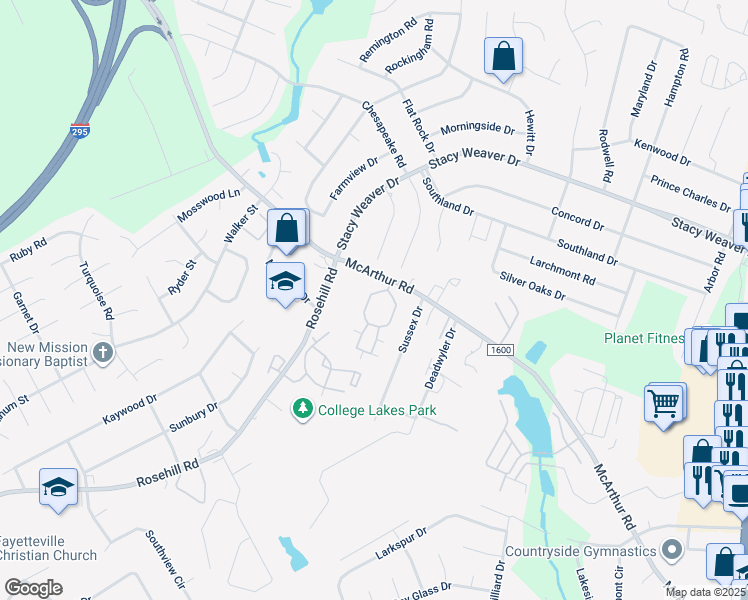 map of restaurants, bars, coffee shops, grocery stores, and more near 2525 McArthur Landing Circle in Fayetteville