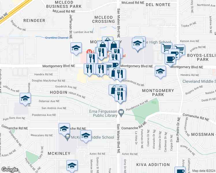 map of restaurants, bars, coffee shops, grocery stores, and more near 4201 Red Sun Drive Northeast in Albuquerque