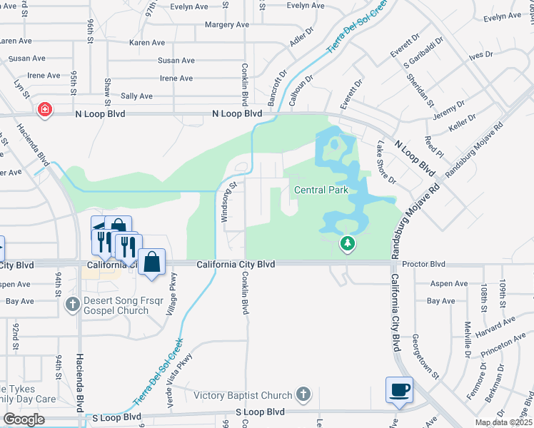 map of restaurants, bars, coffee shops, grocery stores, and more near 21148 Bancroft Court in California City
