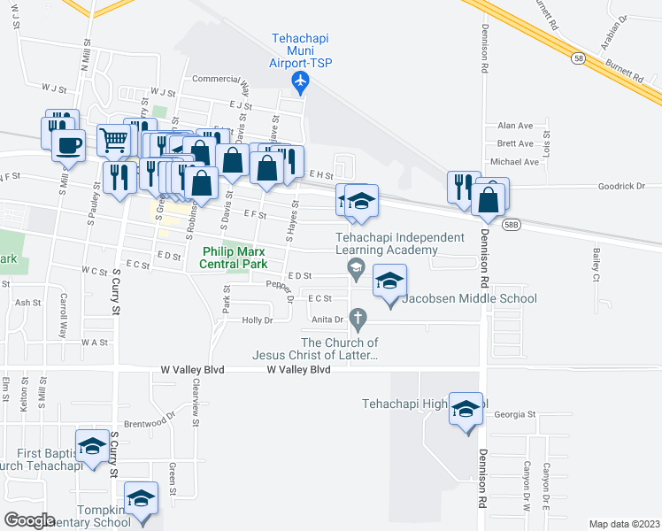 map of restaurants, bars, coffee shops, grocery stores, and more near 533 East D Street in Tehachapi