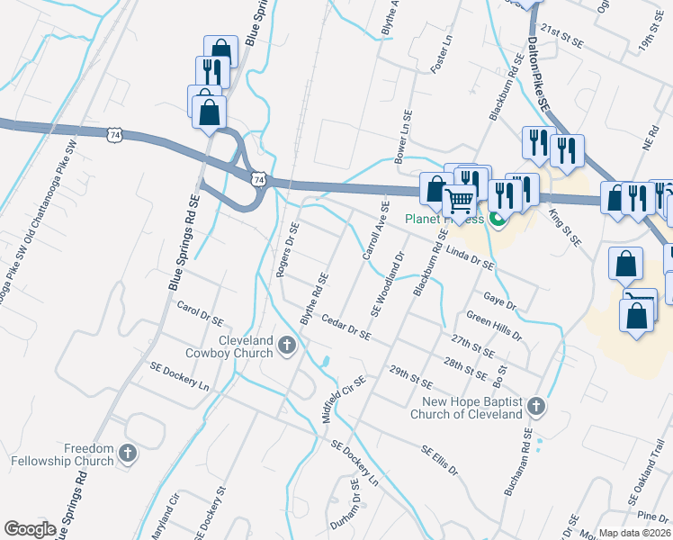 map of restaurants, bars, coffee shops, grocery stores, and more near 2641 Blythe Rd SE in Cleveland