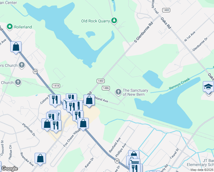 map of restaurants, bars, coffee shops, grocery stores, and more near 2820 Oakland Avenue in New Bern