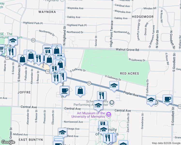 map of restaurants, bars, coffee shops, grocery stores, and more near 3655 South Galloway Drive in Memphis