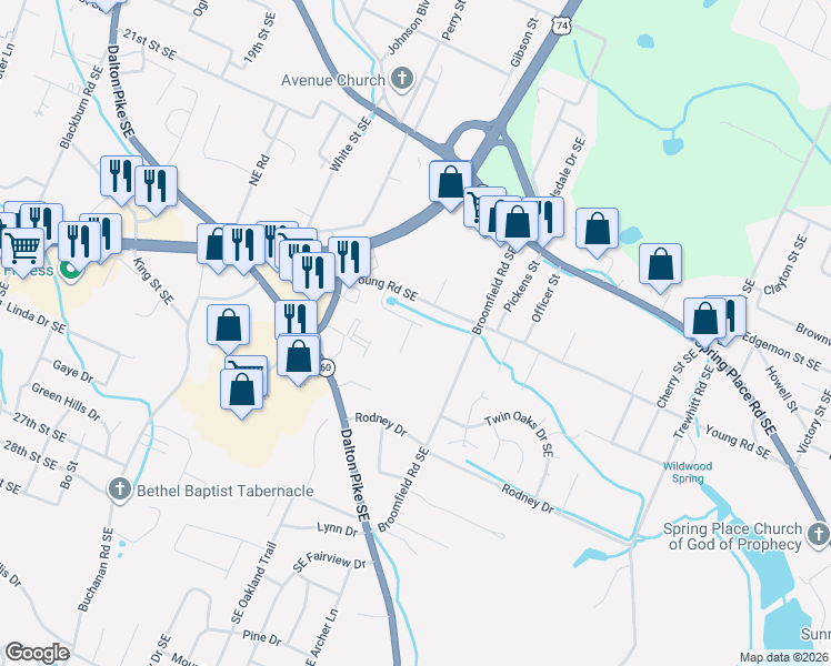 map of restaurants, bars, coffee shops, grocery stores, and more near 1808 Young Road Southeast in Cleveland