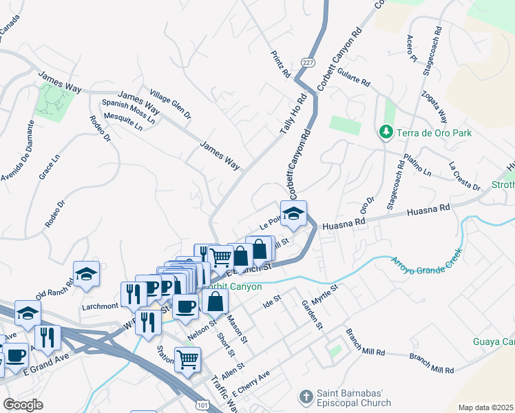 map of restaurants, bars, coffee shops, grocery stores, and more near 547 May Street in Arroyo Grande
