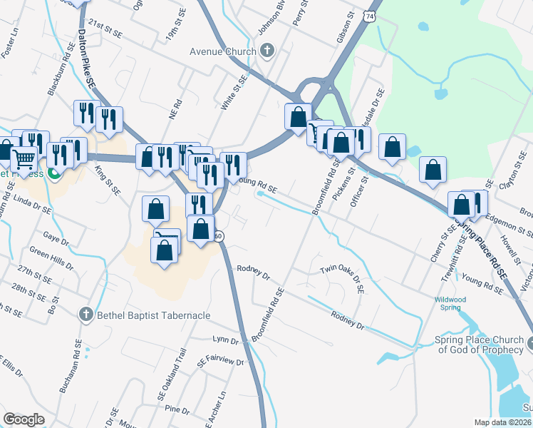 map of restaurants, bars, coffee shops, grocery stores, and more near 1808 Young Road Southeast in Cleveland