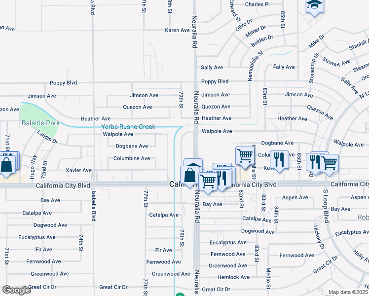 map of restaurants, bars, coffee shops, grocery stores, and more near 21124 79th Street in California City