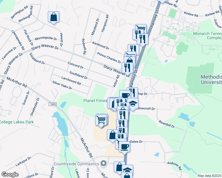 map of restaurants, bars, coffee shops, grocery stores, and more near 4827 Arbor Road in Fayetteville