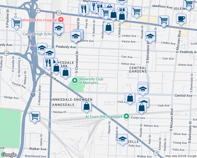map of restaurants, bars, coffee shops, grocery stores, and more near 1457 Goodbar Avenue in Memphis