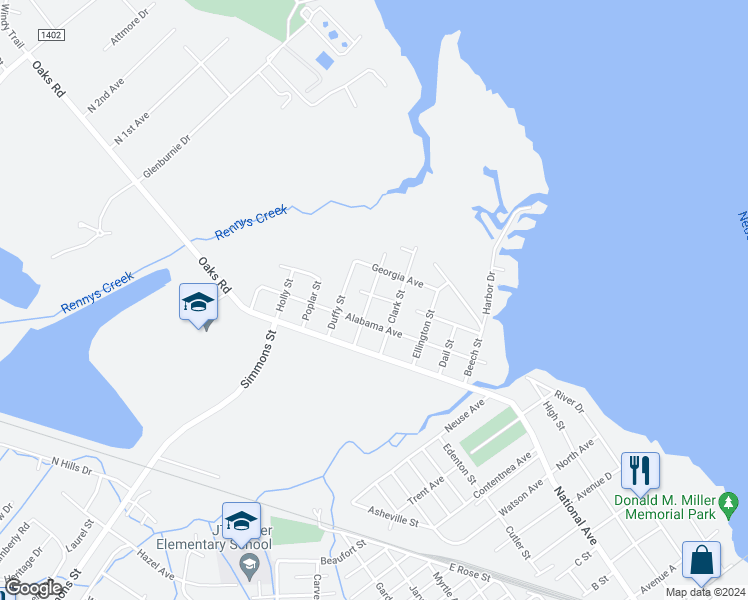 map of restaurants, bars, coffee shops, grocery stores, and more near 209 Daniels Street in New Bern