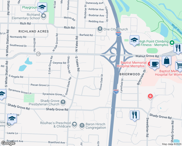map of restaurants, bars, coffee shops, grocery stores, and more near 5689 N Angela Rd in Memphis
